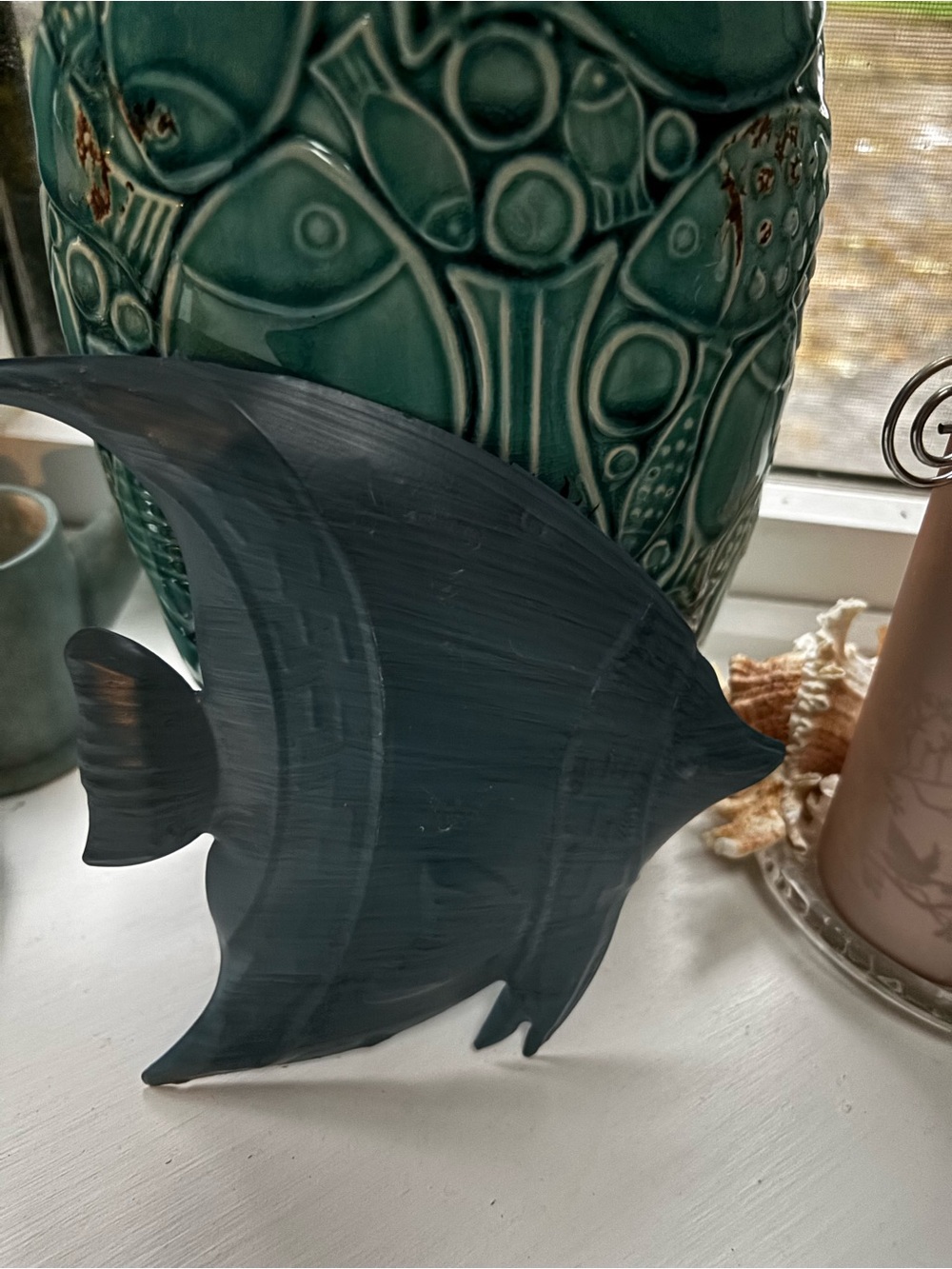 Decorative Dark Teal Angelfish Accent Sculpture - shore living metal wall art